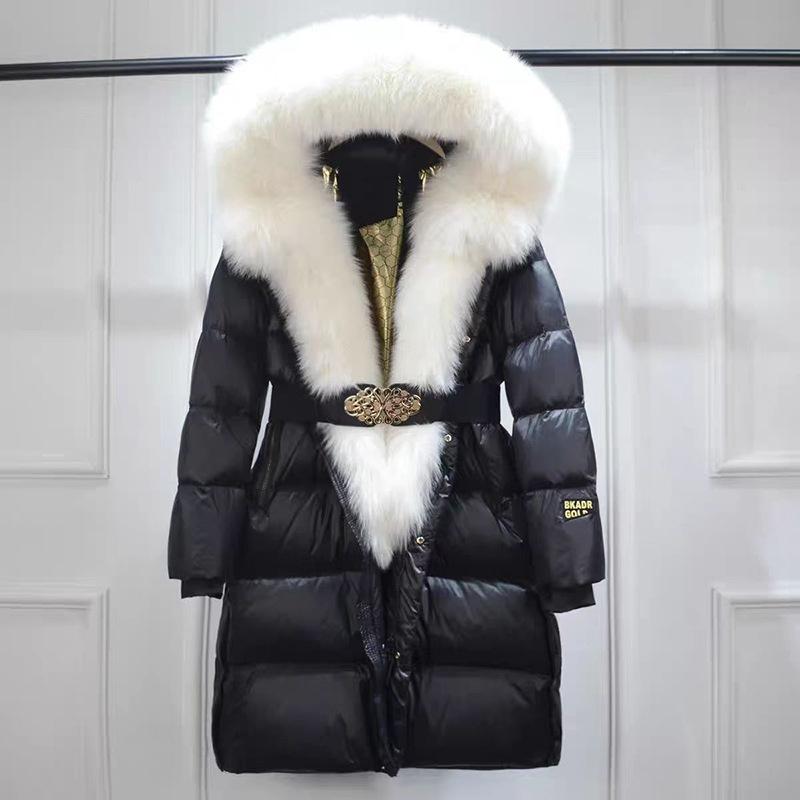 Giacca Invernale con Cappuccio e Collo in Pelliccia di Volpe e Procione da Donna Spessa Calda Piumino d'Anatra Lunga Streetwear Capispalla Staccabile