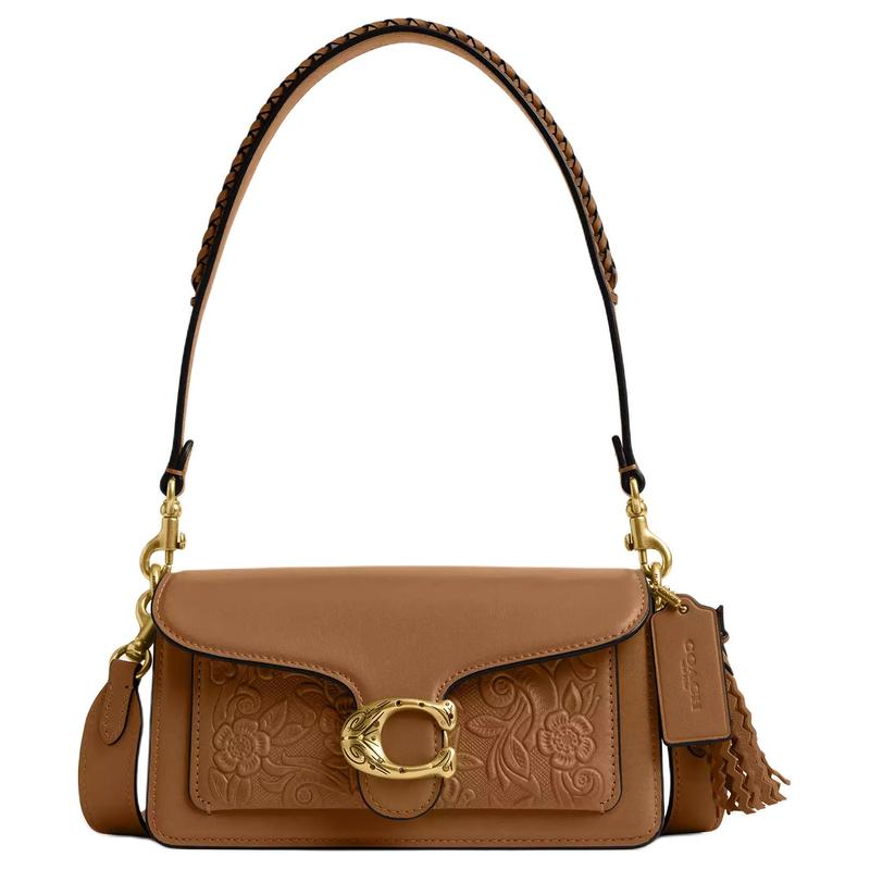 

COACH Tabby 20 Flower Embossed Design Gold Metal Logo Snap Fastening Leather Shoulder Bag Small Women s Honey Brown золотий