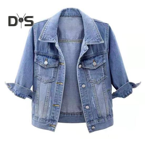 

Весенне-осенняя женская джинсовая куртка с лацканами, рукавами 3/4 и карманами с клапанами, однобортное повседневное короткое пальто, женская верхняя одежда 5XL светло-синий