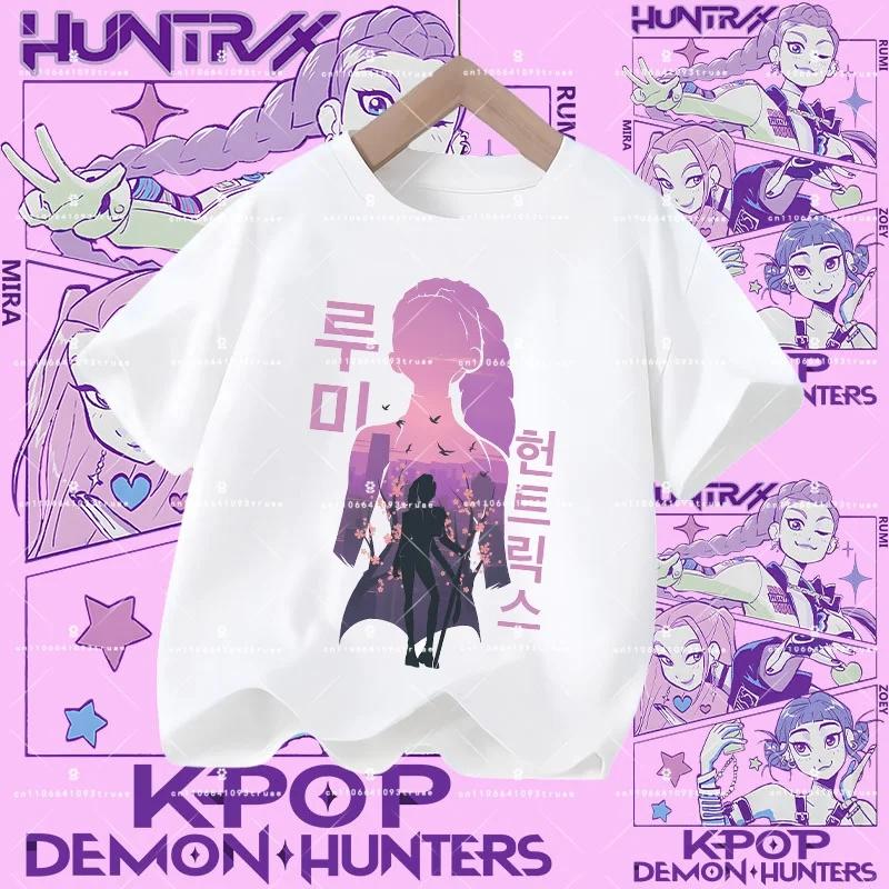 2026 New Kpop Demon Hunters Children's Polyester T-shirt - Girls' Casual Top with Cartoon Print - Summer Short-Sleeved Sports Shirt