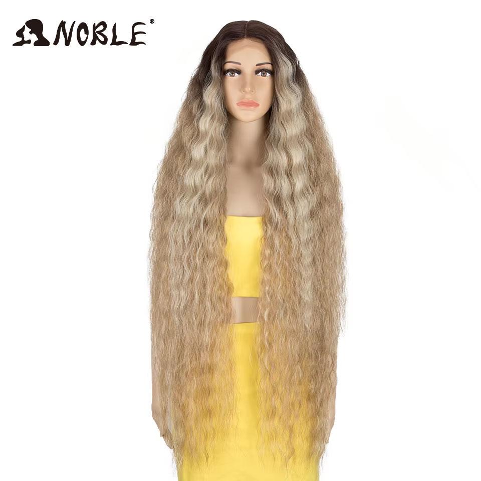 Noble 42 Inch Extra Long Water Wave Synthetic Lace Front Wig Ombre Brown Highlight Glueless Heat Resistant Curly Wig For Women