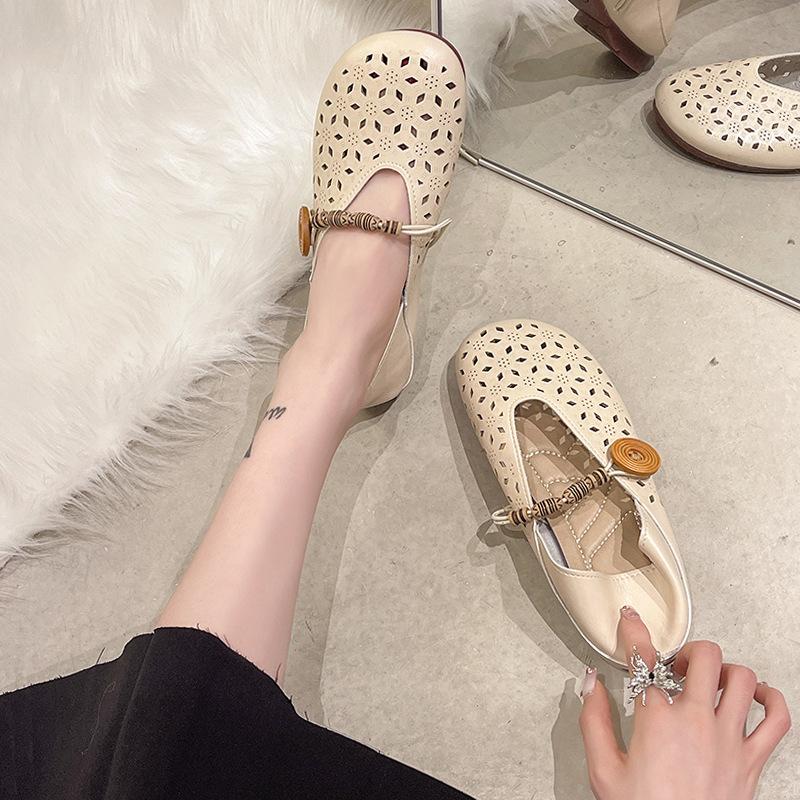 Mesh hohle weiche Leder Doudou Schuhe Damen Sommer neu weiche Sohle ein Pedal lässige einzelne Schuhe Lochsandalen