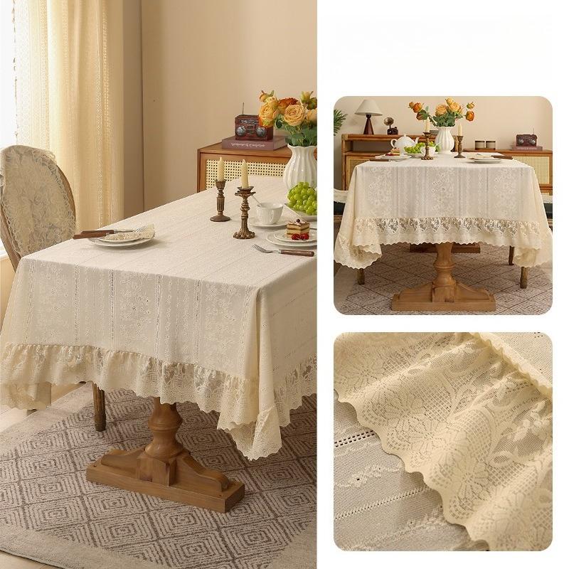High Density Thickened Lace Tablecloth Exquisite Three-dimensional Embroidery Lotus Leaf Lace Tablecloths French Retro Rectangular Dining Table Mat