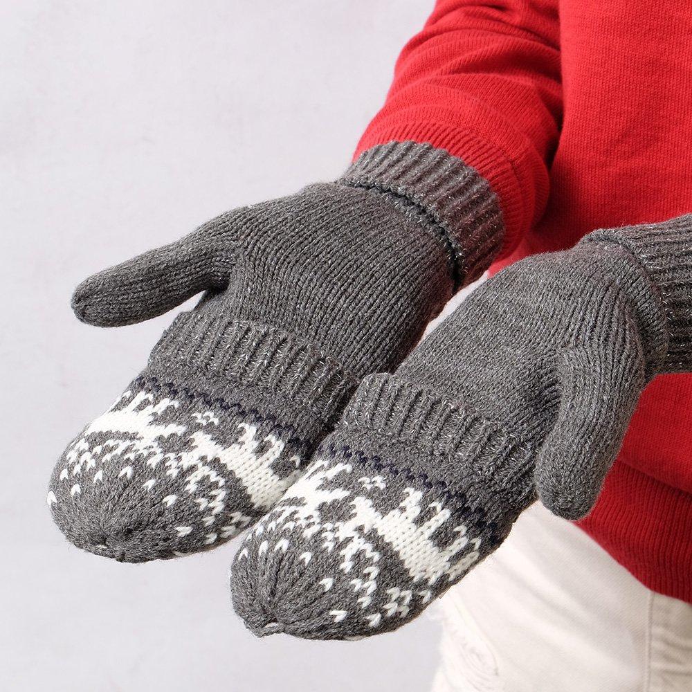 Mitten Gloves with Covers and Folded a Winter Reindeer Charcoal Size F [2-Way] Women's Cuffs, Classic! Print, Gray,