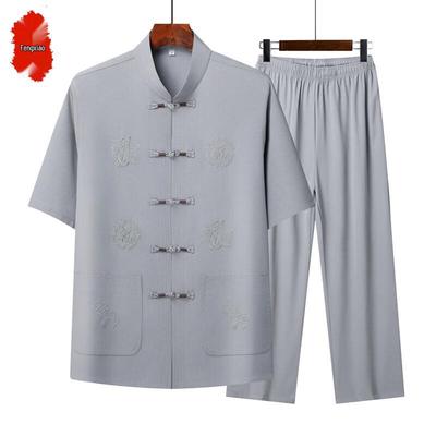 Men's Loose Fit Cotton Linen Stand Collar Tang Suit Set