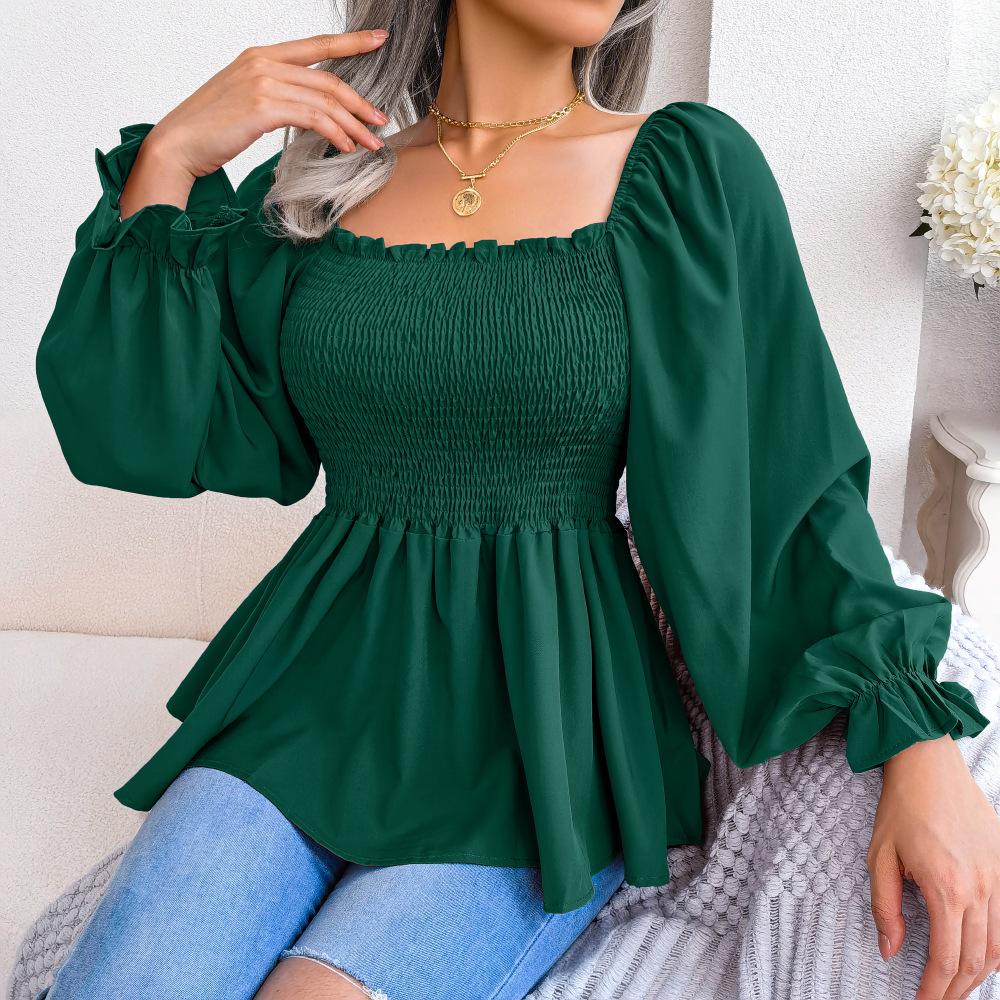 GMXIA Women's Fashion Casual Summer Solid Color Print Slim Long Sleeve Square Collar Blouses & Chiffon Shirt with Wooden Ear Edge Shirts