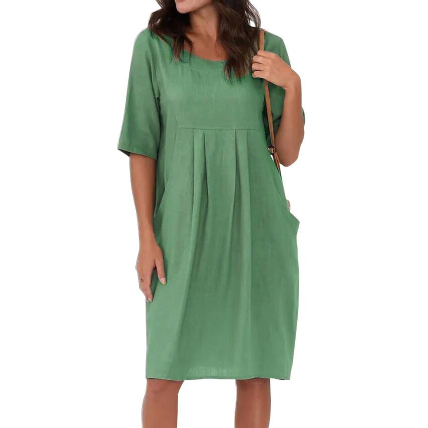 

Special Offer: Women s Cotton Linen Casual Dress - Pleated, Pocketed, Round Neck, Short Sleeve, Loose Fit 2XL
