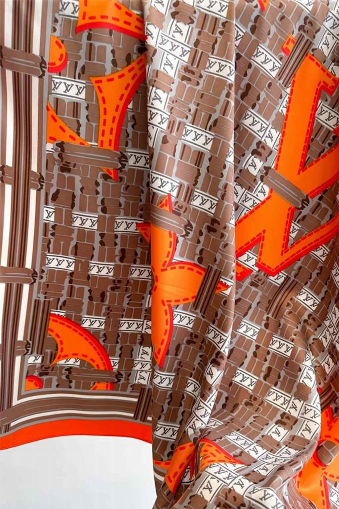 Women' Scarf 90X90 Brown and Orange - Geometric Pattern in an Artistic Style