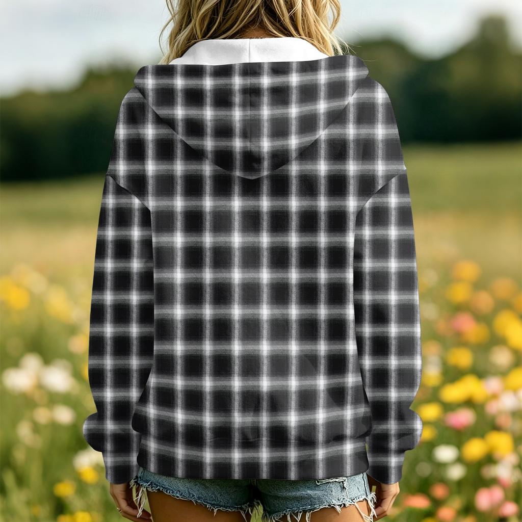Women's Plaid Print Casual Long Sleeve Hooded Jacket with Pockets and