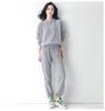 Women's Grey Waffle Textured Hoodie Set - Korean Style, Loose Fit, Spring/Autumn Two-Piece Casual Wear.