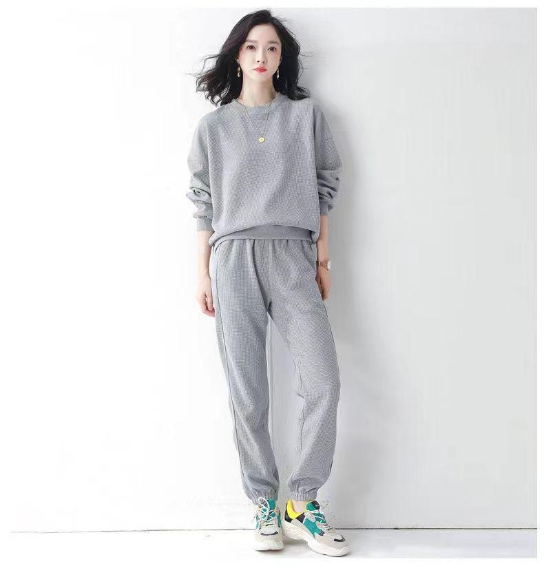 Women's Grey Waffle Textured Hoodie Set - Korean Style, Loose Fit, Spring/Autumn Two-Piece Casual Wear.