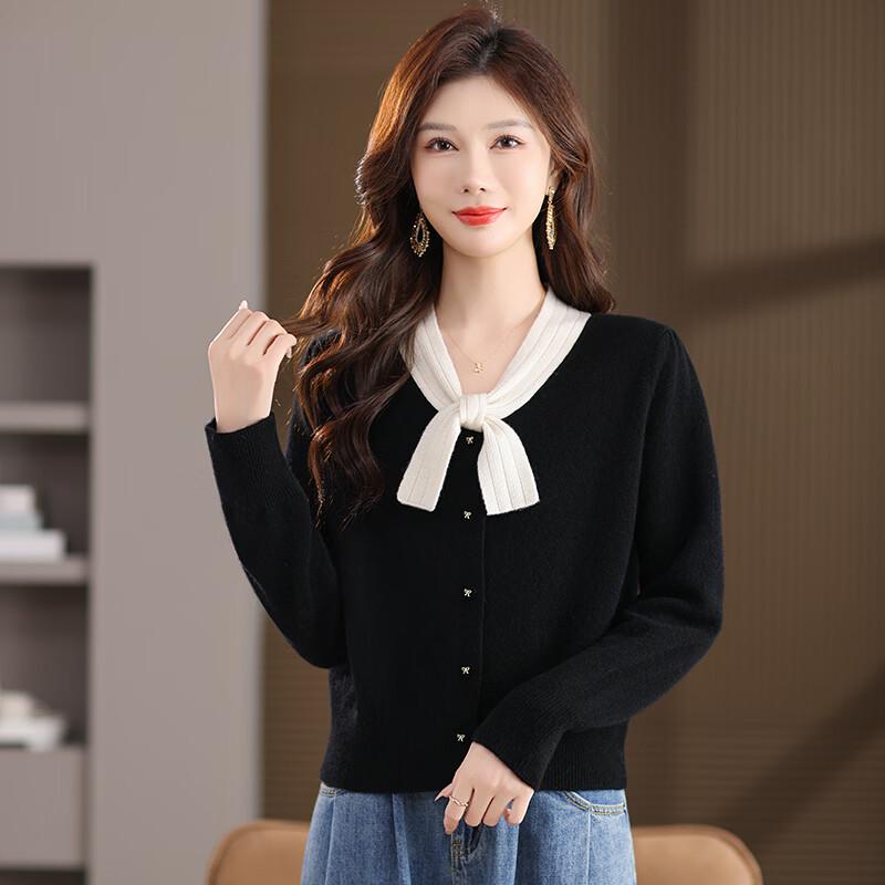 Caiyang Women's 100% Wool Bow Collar Knit Cardigan