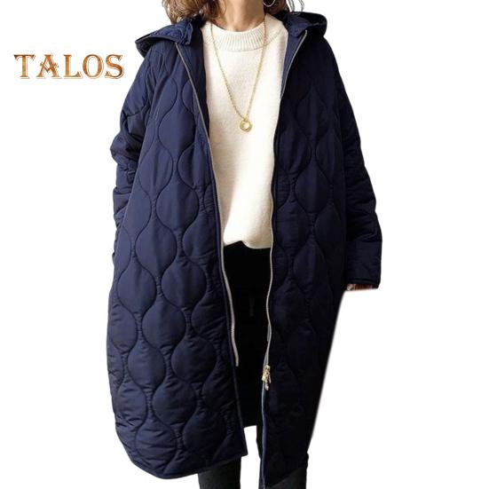 Fall Winter Women Jacket Hooded Zip-up Rhombus Texture Thin Padded Long Sleeves Mid Length Loose Work School Daily Coat