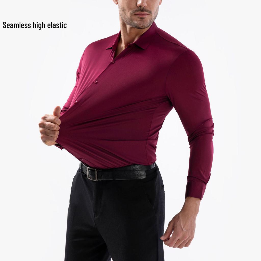 Men’s High Elasticity Seamless Long Sleeve Solid Color Business Shirt