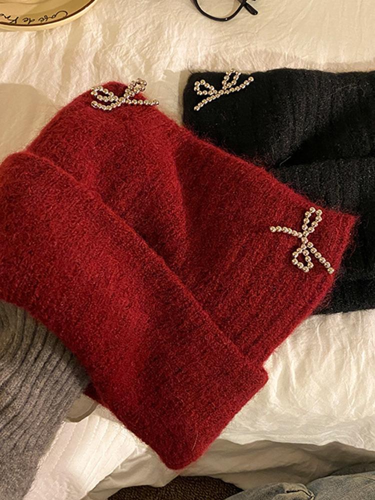 Winter Women Stretchy Sweet Cute Bow Hats Fashion Warm Beanie Hat Solid Knitted Skullies Adult Cover Head Caps Casual New Korean