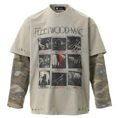 DRIPX Camoufalge Patchwork Vintage T Shirts Fake Two Piece Long Sleeve Tee Tops Men Streetwear Harajuku Oversized Hip Hop T-shirts