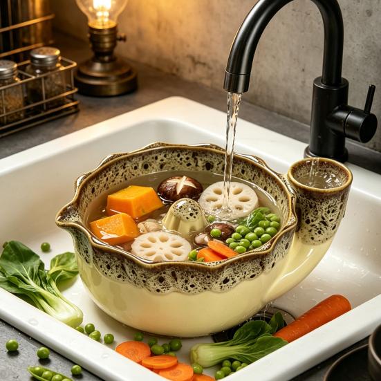 Multifunctional Kitchen Basin Ceramic Berry Bowl with Strainer Holes, Self-Spinning Vortex Design, Fruit Washing Rinse for Berries Vegetables Colander