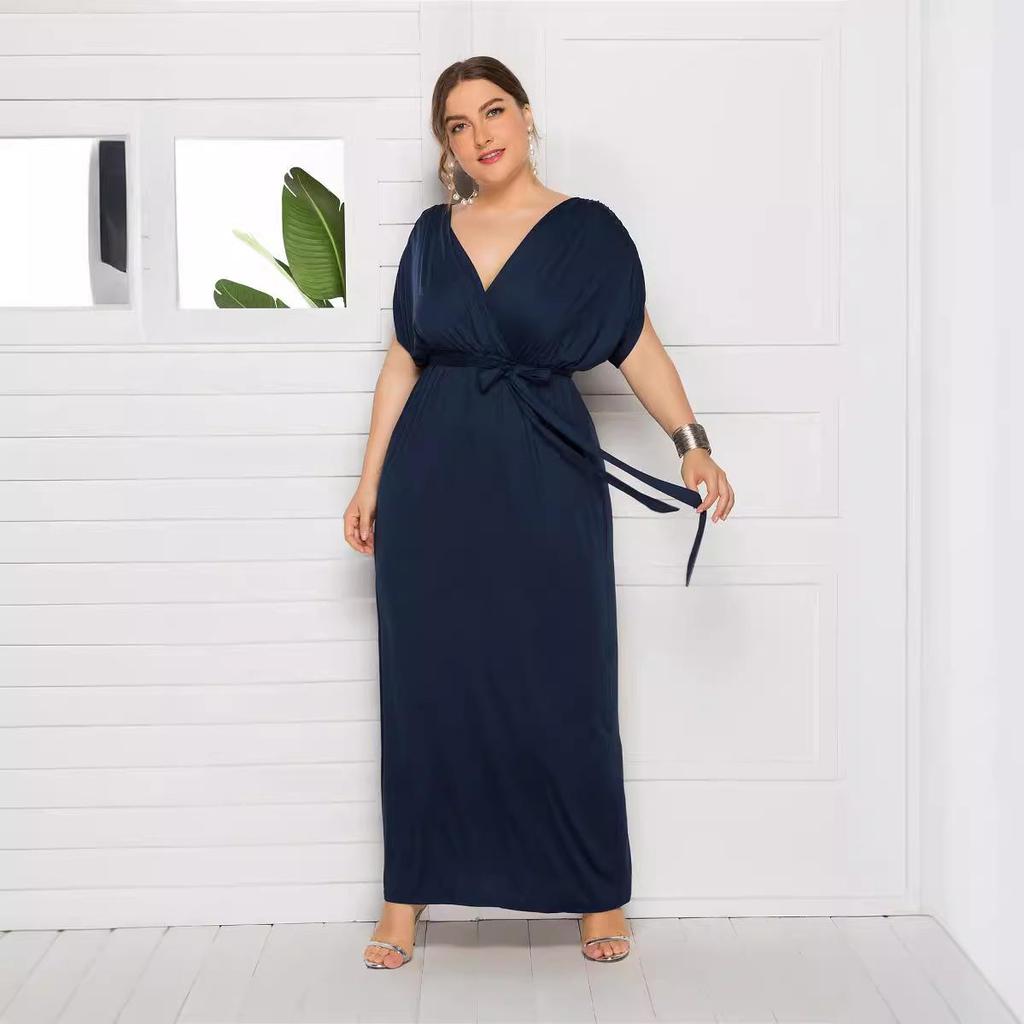 Plus Size Women’s Solid V-Neck Evening Dress, Sexy Loose Fit with Large Hem