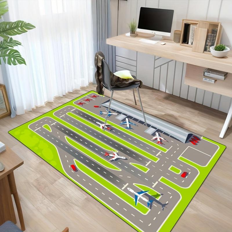1pc Soft Washable Airport-Themed Rectangular Carpet - Green with Airplane & Runway Design, Polyester Material for Living Room