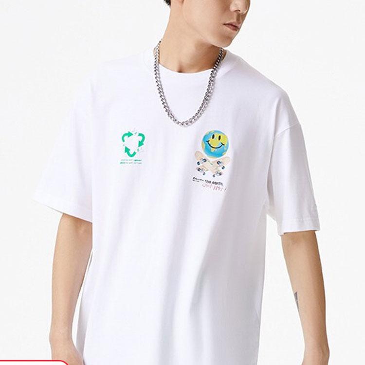 Li Ning X Og Slick Collaboration Earth Smiley Skateboard Letter Cartoon T-Shirt Unisex Tops White AHSS299-3