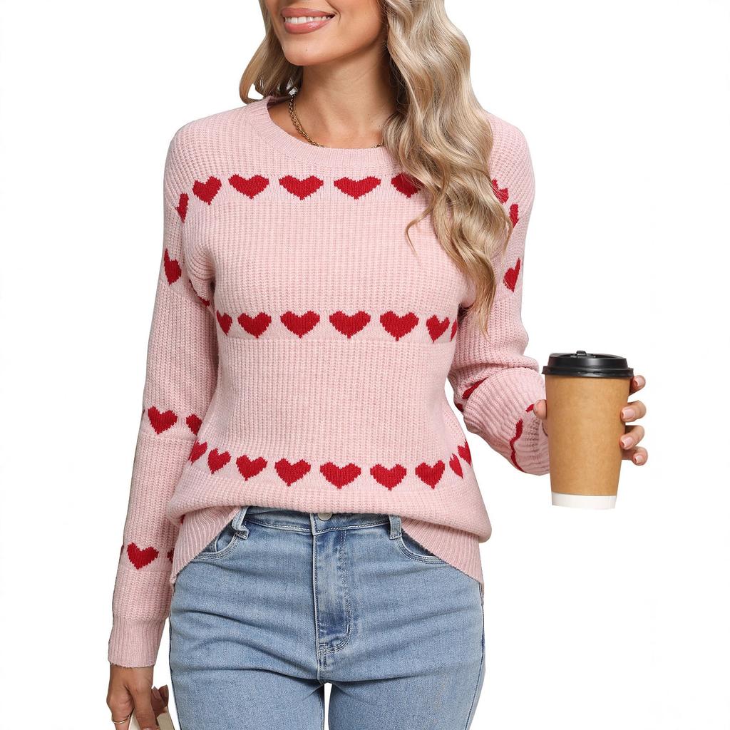 Europe, America, autumn and winter new hot-selling sweaters women's  Valentine's Day love round neck pullover knitted sweater top