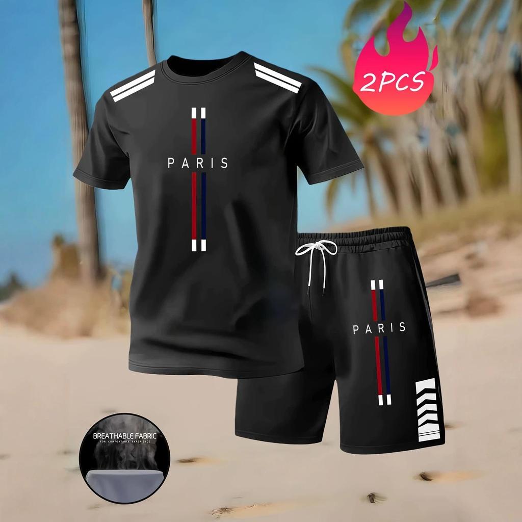 Herren Sport-Set aus schnelltrocknendem Mesh: Paris Letter Print T-Shirt & Shorts für Laufen & Fitness