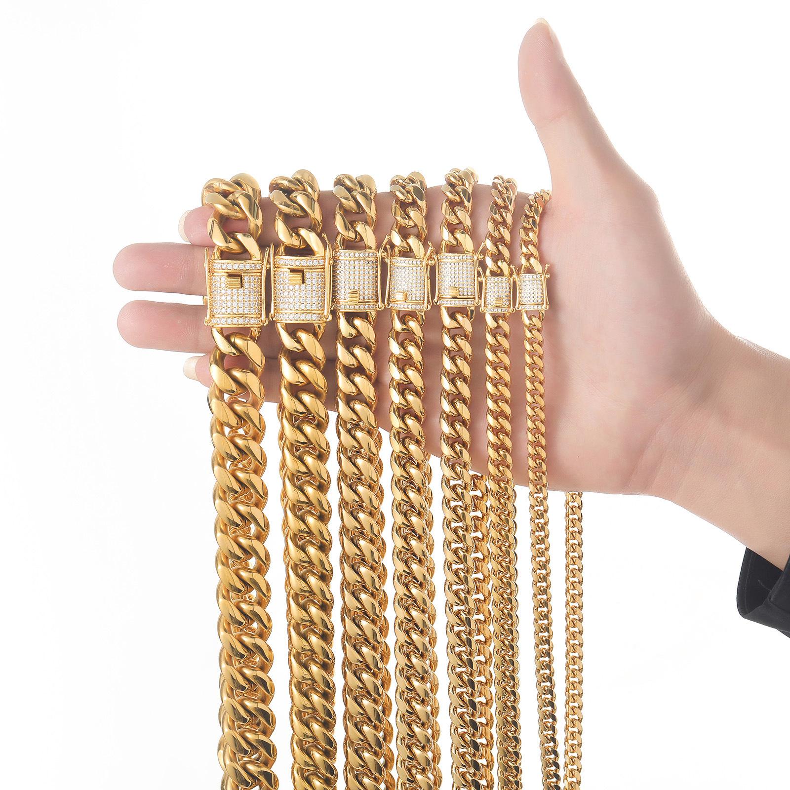 

Ожерелье из нержавеющей стали и титановой стали, ожерелье с микроинкрустированным цирконом, пуговичная головка, майамская кубинская цепь 6mm7inch (about 18cm bracelet) золотой