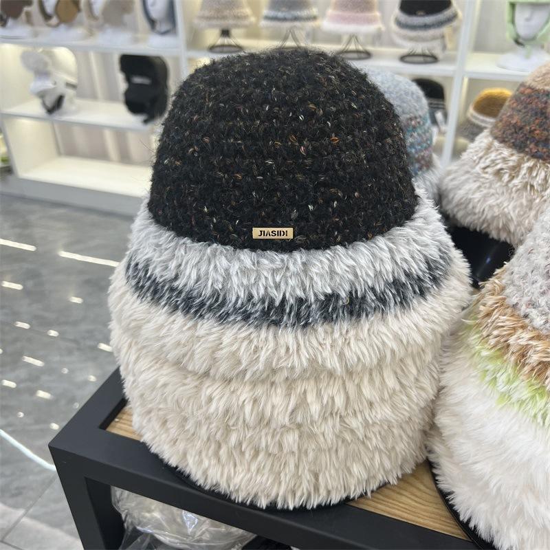 Plush Knitted New Autumn and Winter Striped Thickened Fisherman's Hat Children's Ear Protection Cold Personalized Bucket Hat Tide