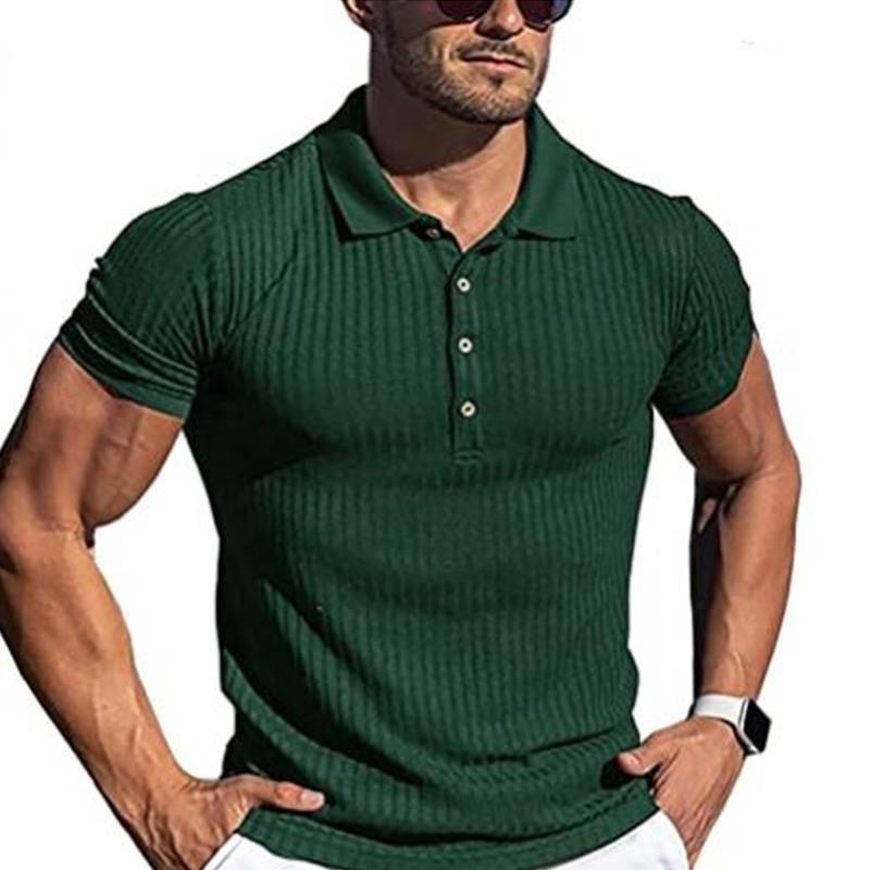 Mens Solid Color Ribbed Short Sleeve Slim Fit Polo Shirt