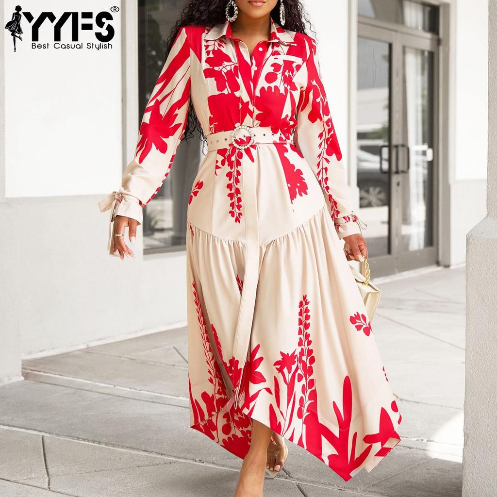 YYFS Damenmode Frühling Herbst Blumenmuster Druck Langarm Polokragen Hohe Taille Freizeitkleider