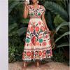 Damen Maxikleid mit Blumendruck V-Ausschnitt Kurze Ärmel Boho Sommerkleid
