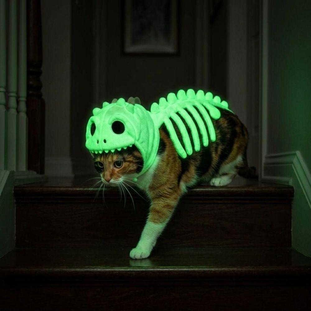 Soft Plush Halloween Cat Skeleton Hoodie Glow in Dark Pet Dino Skull Hooded Costume Cat and Dog