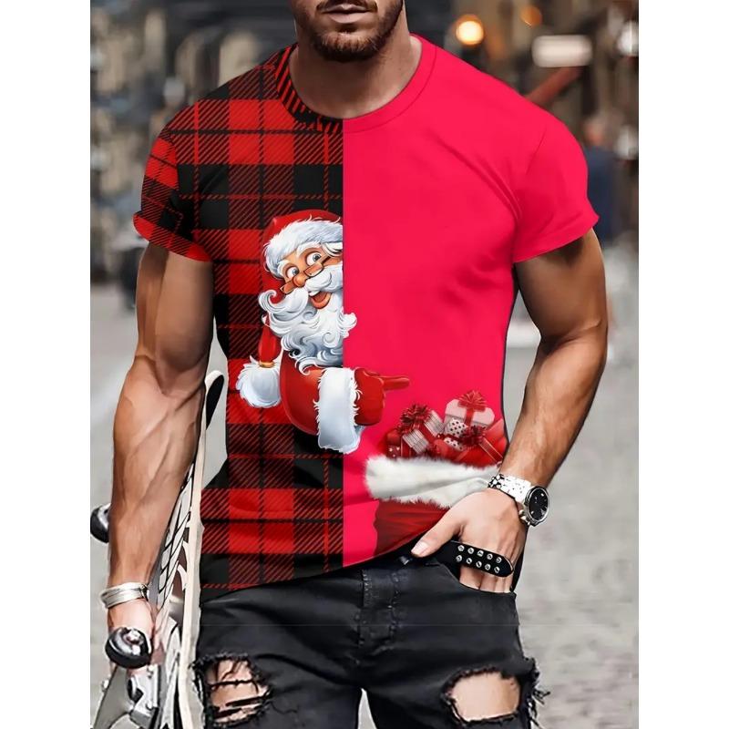 Funny Men's T-Shirts Santa Claus Christmas Oversized Short Sleeve with Snowflakes Print Red Casual O-Neck Outfit Men Clothing