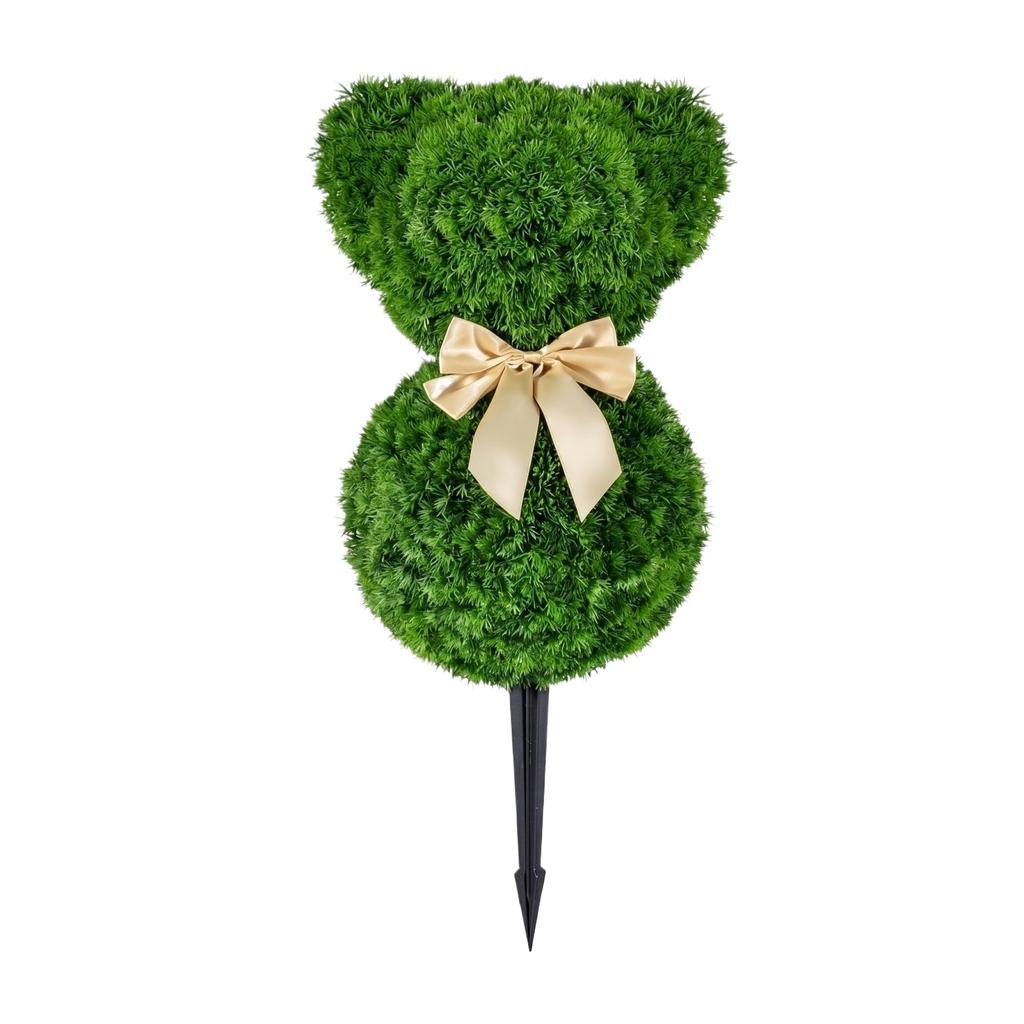 Artificial Topiary Bear Shaped Garden Stake with Decorative Bow Outdoor Decorative Lawn Ornament for Yard Patio and Home Landscaping