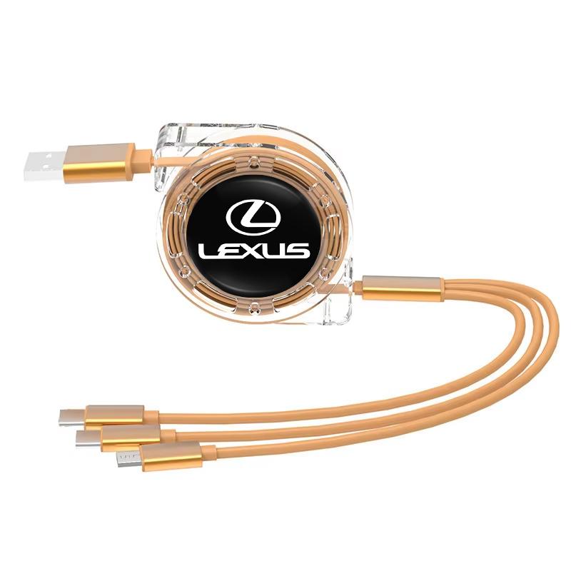 3 In 1 Retractable Data Cable USB Type-C Car Charger Head Auto Accessories For Lexus RX330 IS250 Ct200h ES300h LBX/Car Keychain
