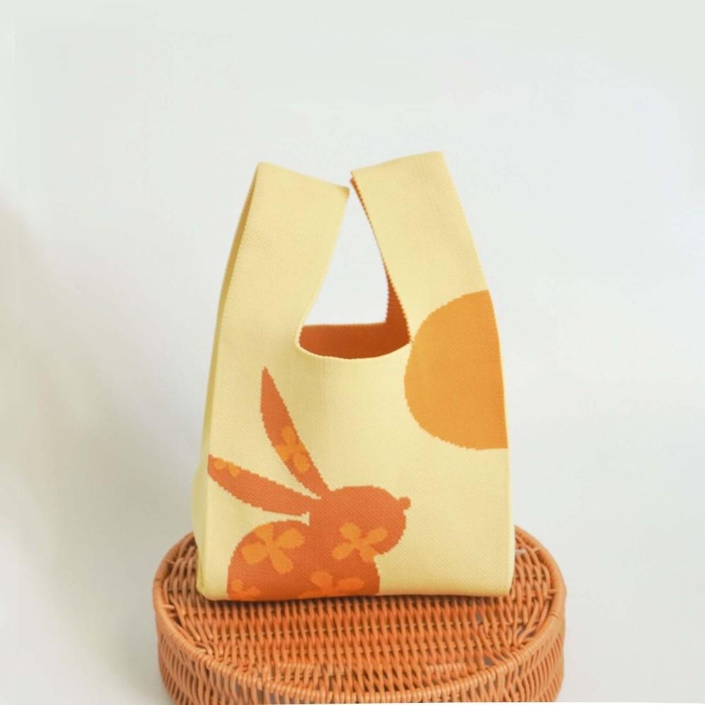 Double Sided Woven Tote Purse Thick Woven Rabbit Gift Pouch Flower Charm Handbag Kids