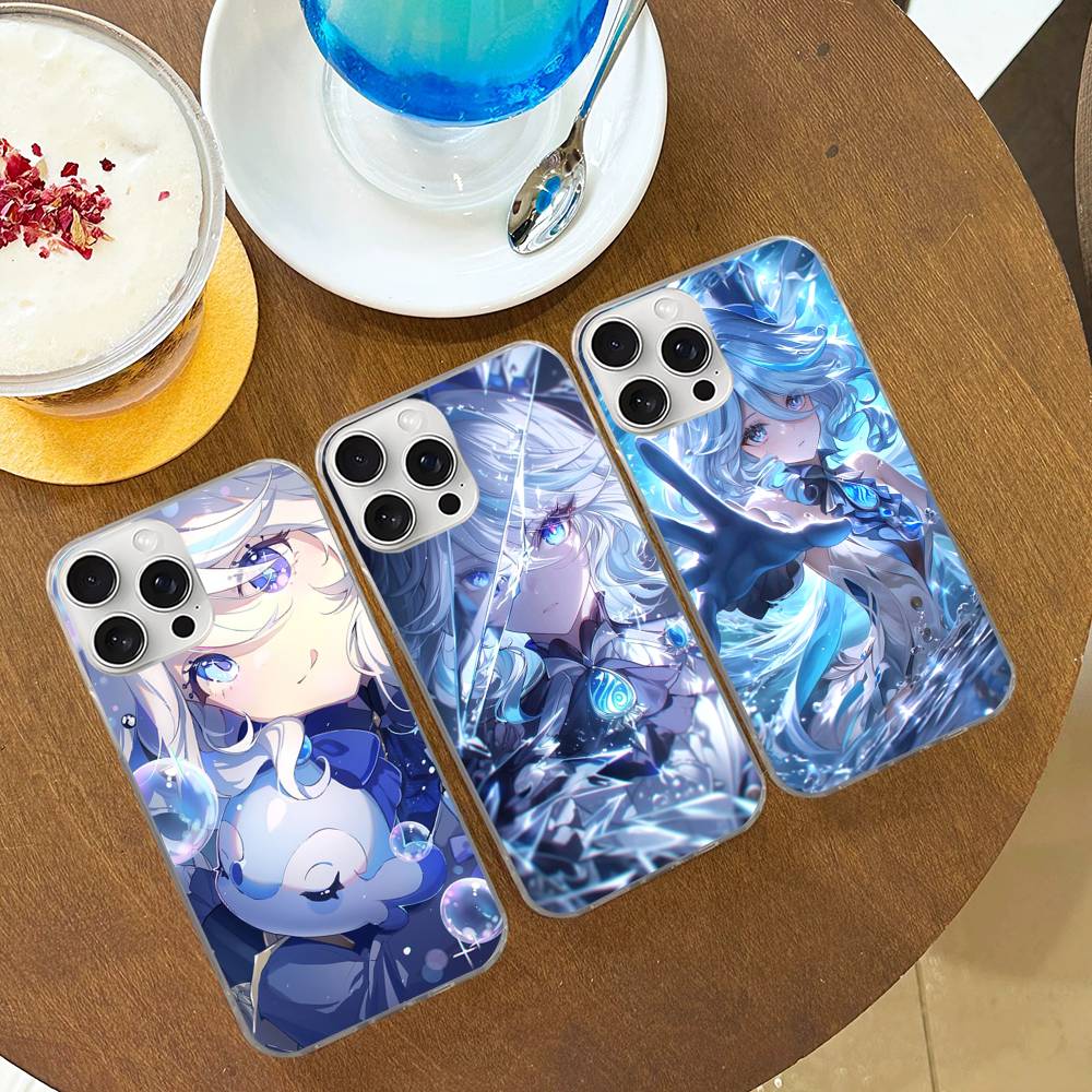 Genshin Impact Furina Phone Case For iphone 17 16 15 14 13 12 11 Pro Max Plus Silver Laser Satin Aurora