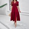 Summer Women's Dress Temperament Solid Color V-neck Short-sleeved Long Dress
