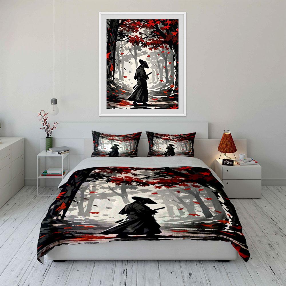 Samurai In Autumn Forest Bedding Duvet Cover Set (1*Duvet Cover 2*Pillowcases, Without Duvet Insert)