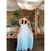 Blue Mist Weaving Dream Gradual Change Blue Holiday Wind Fairy Gas Heavy Industry Skirt Three-dimensional Flower Suspender Temperament French Dress