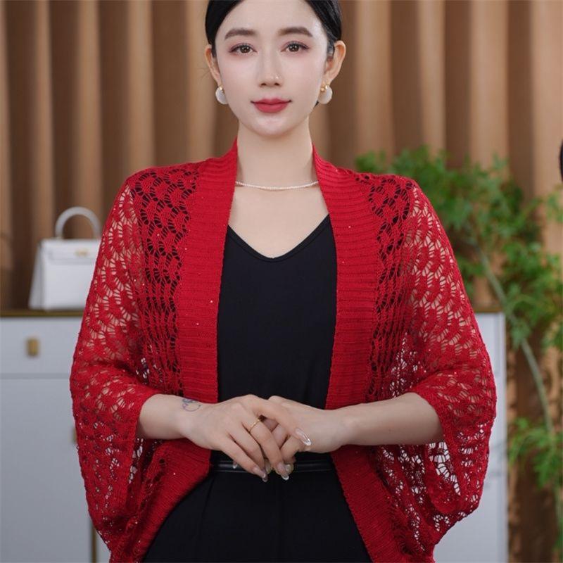 Women s Hollow Knitted Cardigan Spring Summer Breathable Soft Thin Batwing Sleeve Knitted Cardigan Sunscreen one size красный
