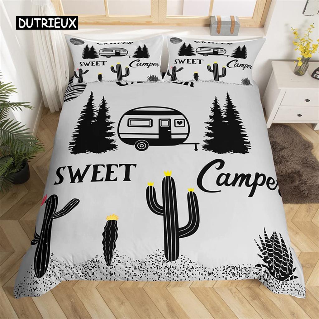 Camping Duvet Cover Microfiber Galaxy Stars Moon Happy Camping Comforter Cover Camper Truck Geometry Mountain Trees Bedding Set