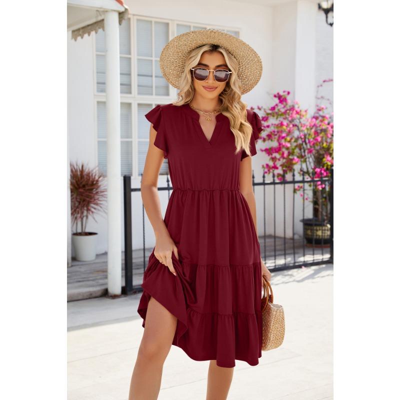 YYFS Damenmode Sommer Frühling Einfarbig Druck Kurzarm V-Ausschnitt Lose Taille Freizeitkleider
