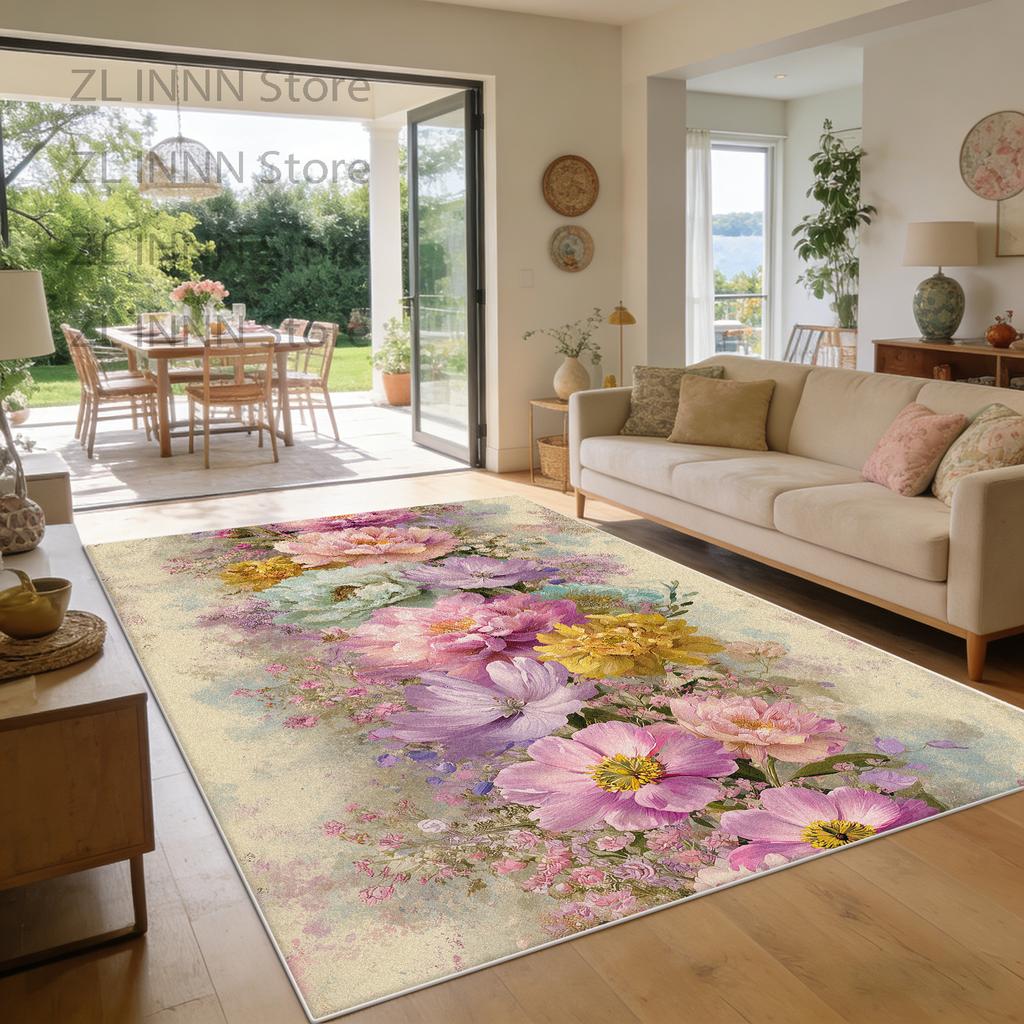 Spring Summer Floral Style Living Room Carpet Fresh Decoration Home Pastoral Area Pile Fabric Rug Sofa Bedroom Plush Floor Mat