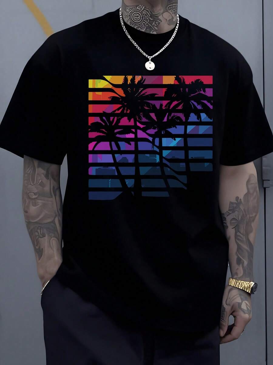 

Retro Sunset Palm Trees And Cityscape Geometric Pattern Symbolizing A Vibrant Evening Escape And S