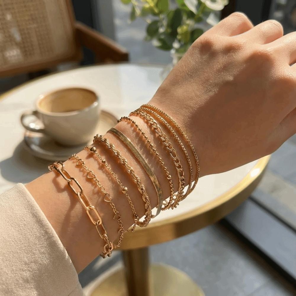 10Pcs/set Flat Chain Box Chain Bracelet Vintage Style Multi-layer Bracelet Summer Jewelry