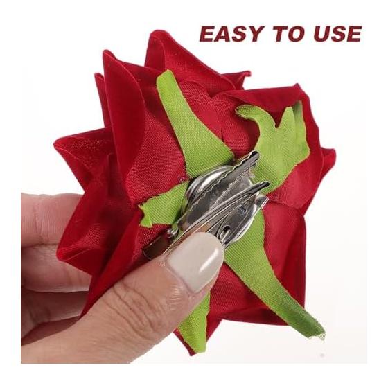 Lurrose Red Hair Clips Set of 4, Bridal Wedding Hair Accessories, Bride Hair Ornaments, Lightweight 43G, Kanzashi-style Hairpins, Realistic Rose