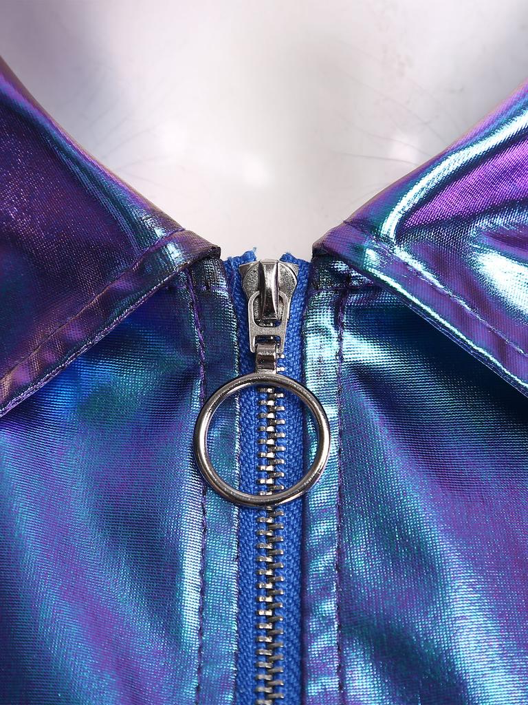 Womens Metallic Shiny Cropped Jacket Lapel Long Sleeve Front Zipper Biker Jacket