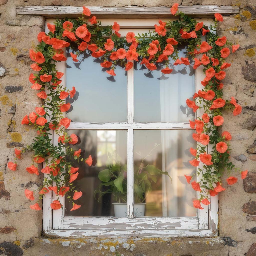 2pcs Fake Morning Glory Garlands, 5.9ft Artificial Flower Vine, Hanging Eucalyptus Vine for Wall, Party, Wedding Arch, Floral Decor, Home Ceremony