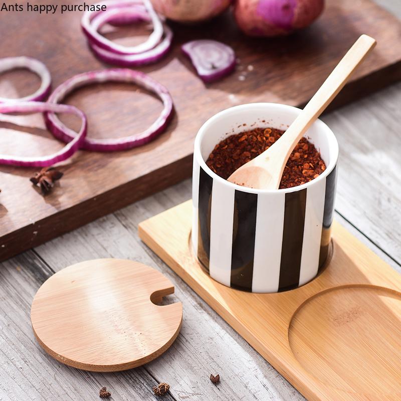 Nordic Black and White Stripes Ceramic Spice Jar Combination Set Salt Sugar Oil Soy Sauce Bottle Vinegar Pot Kitchen Supplies
